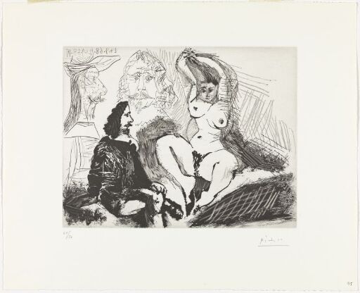 Homme assis auprès d'une femme se coiffant, avec, derrière, deux peintres