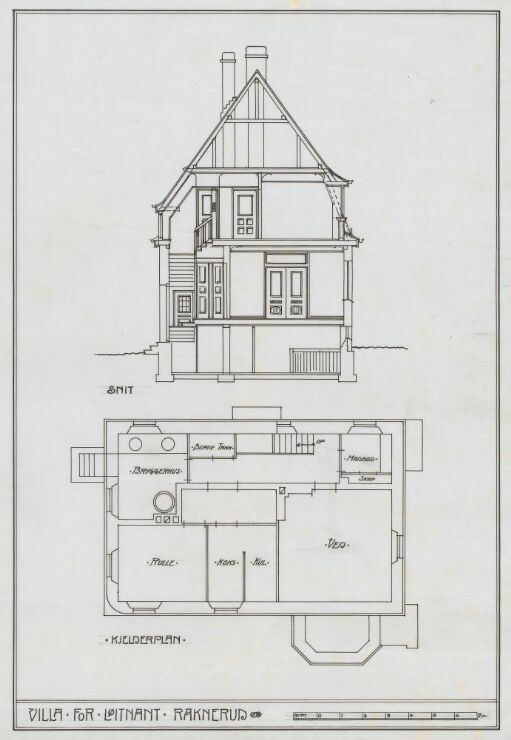 House Raknerud, plan of basement and section