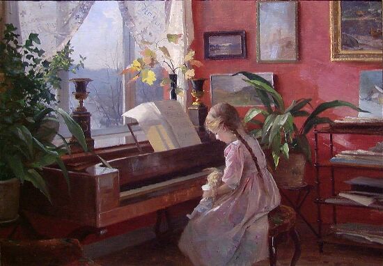 Interiør. Victoria ved pianoet