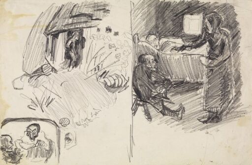 Study of Interior with Figures; Figure outside House; two Caricatures