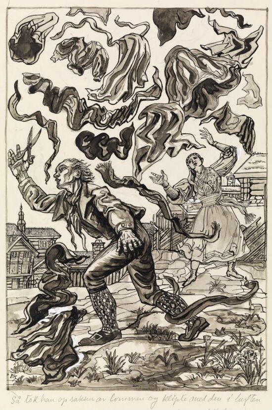 Illustrasjon til "Det har ingen nød med den som alle kvinnfolk er glad i", P. Chr. Asbjörnsen og J. Moe, Samlede eventyr, 1936