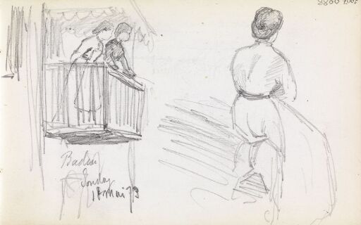To kvinner på balkong; ryggvendt kvinne