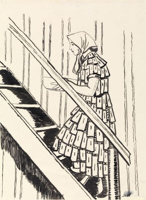 Da hun gikk oppover trappene, ramlet det i trestakken, så prinsen kom ut og spurte:"Hva er du for en?"