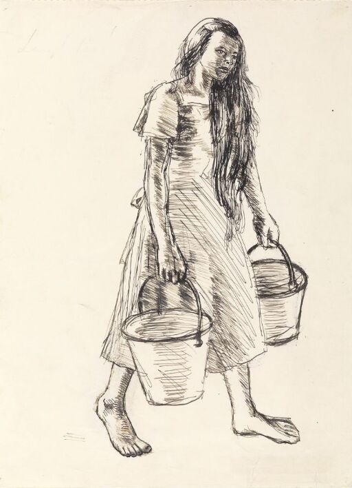 Barbeint jente med vannbøtter
