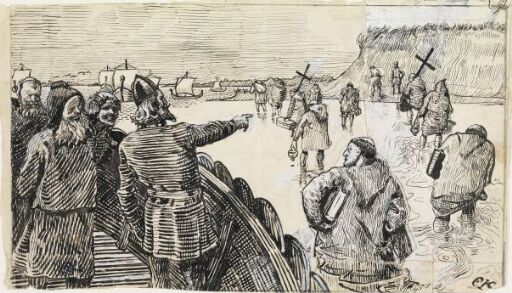 Håkon jarl satte alle de lærde menn opp på land. Til "Olav Tryggvasons saga" i Snorre Sturlason, Kongesagaer, Kristiania 1899