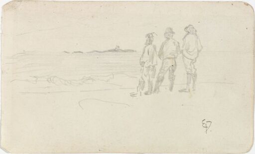 Strandparti med tre menn som skuer ut over sjøen, Sele