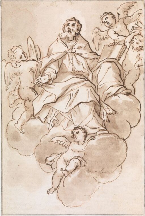 Geistlig som sitter på en sky, omgitt av engler