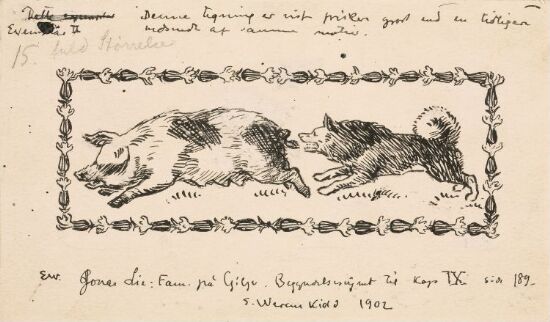 Vignett. Løpende gris og hund