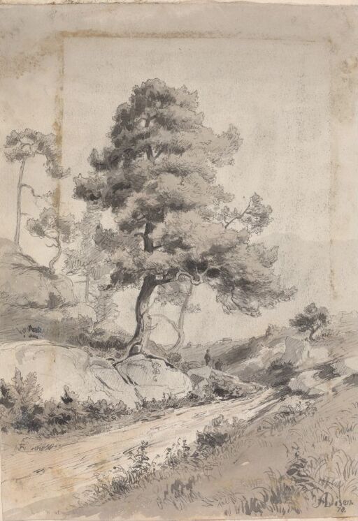Landskap med furutrær og to figurer