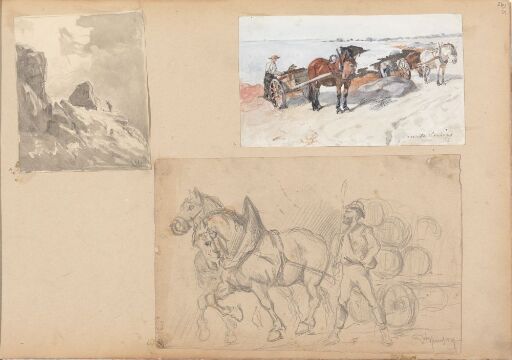 Fjellparti med reinsdyr; Tangkjørere på en strand; Hest og vogn
