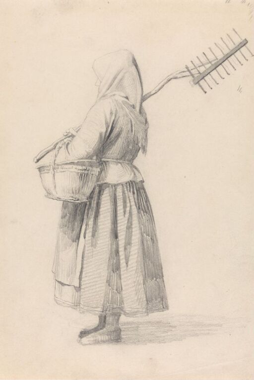 Woman Carrying a Rake and a Basket