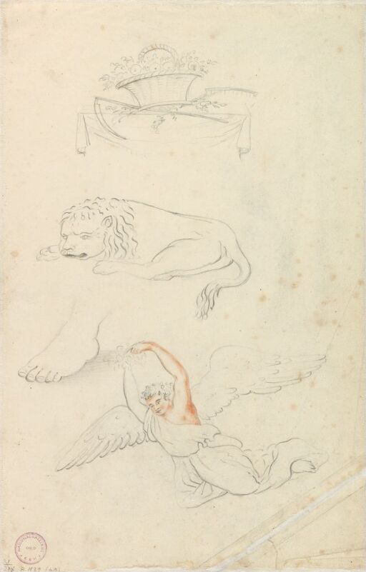 Skisser; stilleben, løve, fot og engel