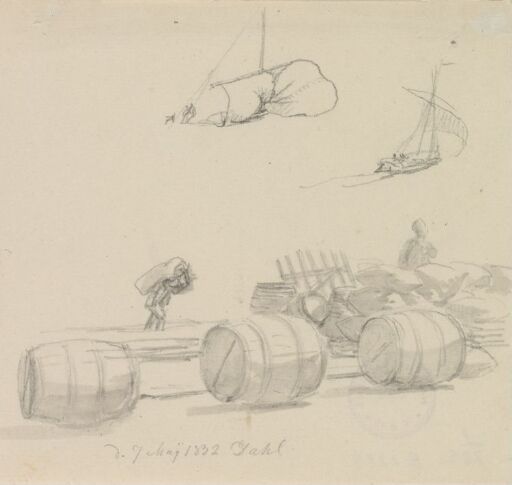 Brygge med tønner, sekker og bryggesjauere; skisser av seilbåter