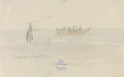 Båt med fem figurer og kvinne på stranden