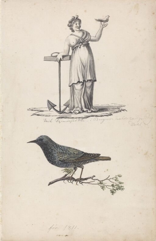 Kvinnefigur med anker og fugl; fugl på kvist
