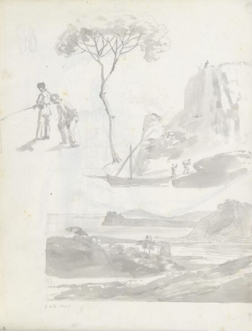 Figurstudier; to menn som fisker; pinje; felukk ved klippekyst; Mare morto