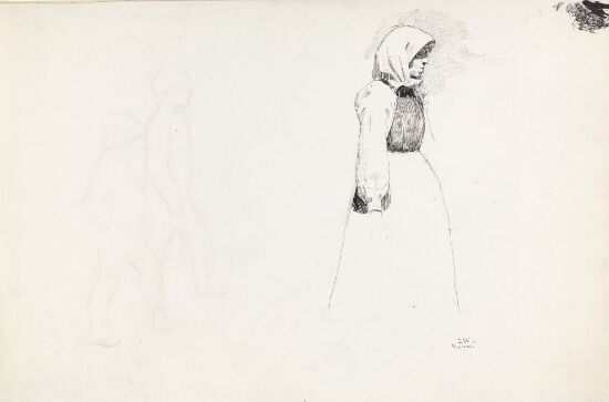 Kvinne med skaut og riss av to gående gutter