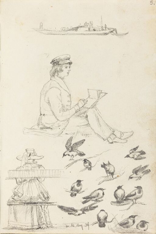 Båt; ung kunstner; kvinne på benk; fugler