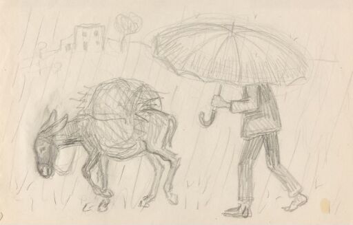 Esel og mann med paraply