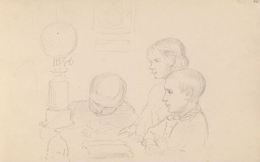 Tre barn ved en parafinlampe