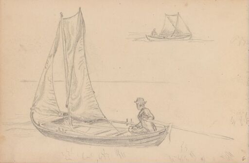 Seilbåt med mannsfigur i stiv kuling; båtstudie