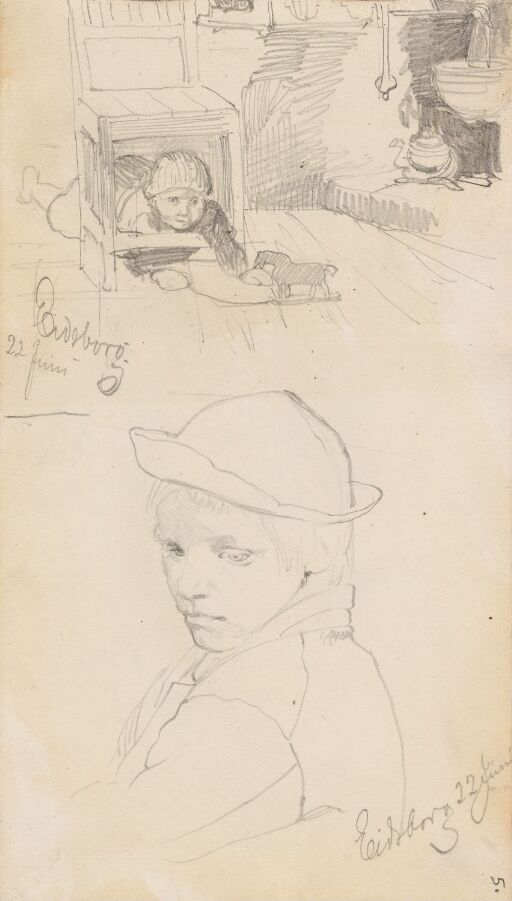Interiør med barn, Eidsborg; portrett av gutt, Eidsborg