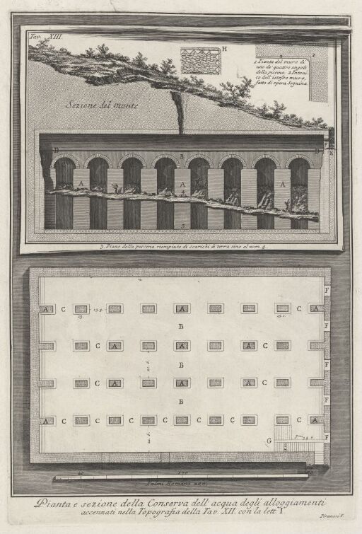 Plan- og snittegning av de nevnte bygningers reservoar, merket på kartet i plansje XII med bokstaven I