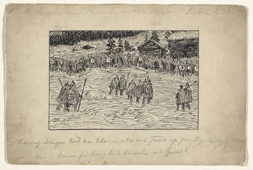 Da lot kong Inge blåse hæren opp fra byen og lot fylke. Til "Haakon Herdebreds saga" i Snorre Sturlason, Kongesagaer, Kristiania 1899