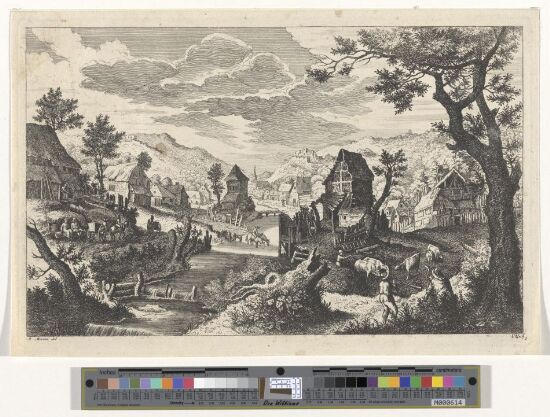 Village with brook and shepherd