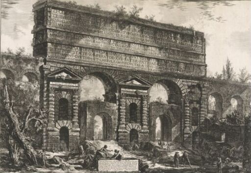 View of the monument erected by the Emperor Titus commemorating his restoration of the aqueducts of the Anio