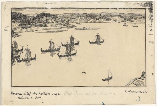 Kong Olavs skip seiler ut fra Tønsberg. Til "Olav den Helliges Saga", Snorre Sturlason, Kongesagaer, 1899