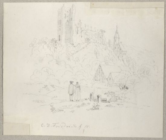 Landskap med borgruin, Tharandt kirke og par i forgrunnen