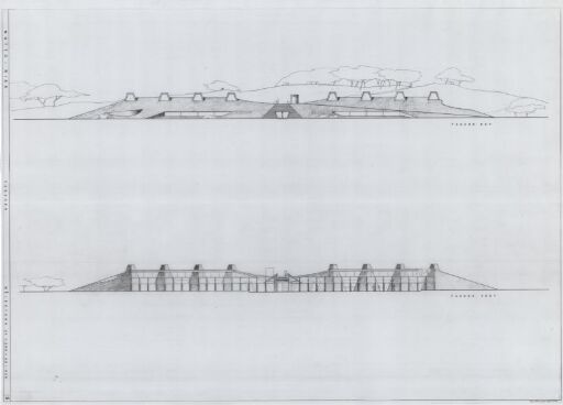 Design for a Rock Carving Museum, east and west elevations